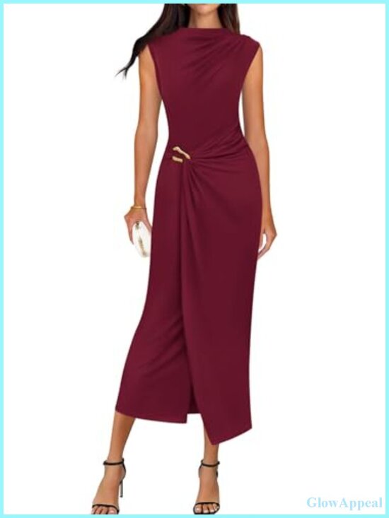 Dresses & Skirts - Cap Sleeve Mock Neck Ruched Midi Dress with Front Slit